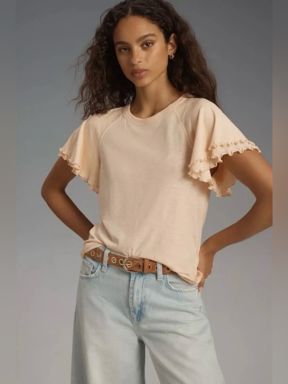 Nation LTD Macy Flutter Sleeve Raglan Top Rose Bisque Peach 100% Cotton Small